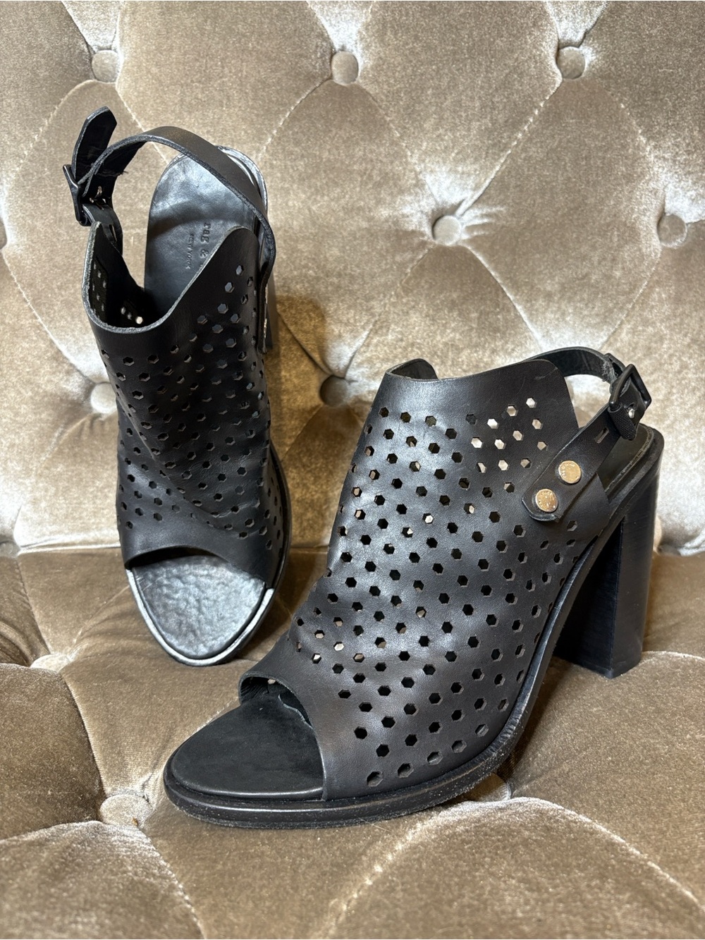 Rag & Bone Black Perforated Open-Toe Block Heel Sandals